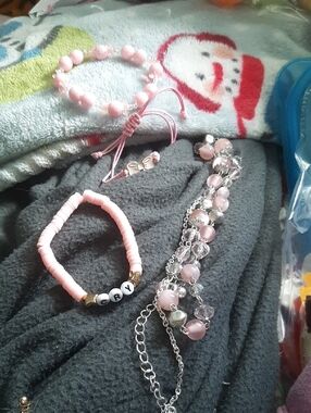 Pink Beaded Bracelet Set - Cute Pink & Silver Stack Ans 1 Necklace